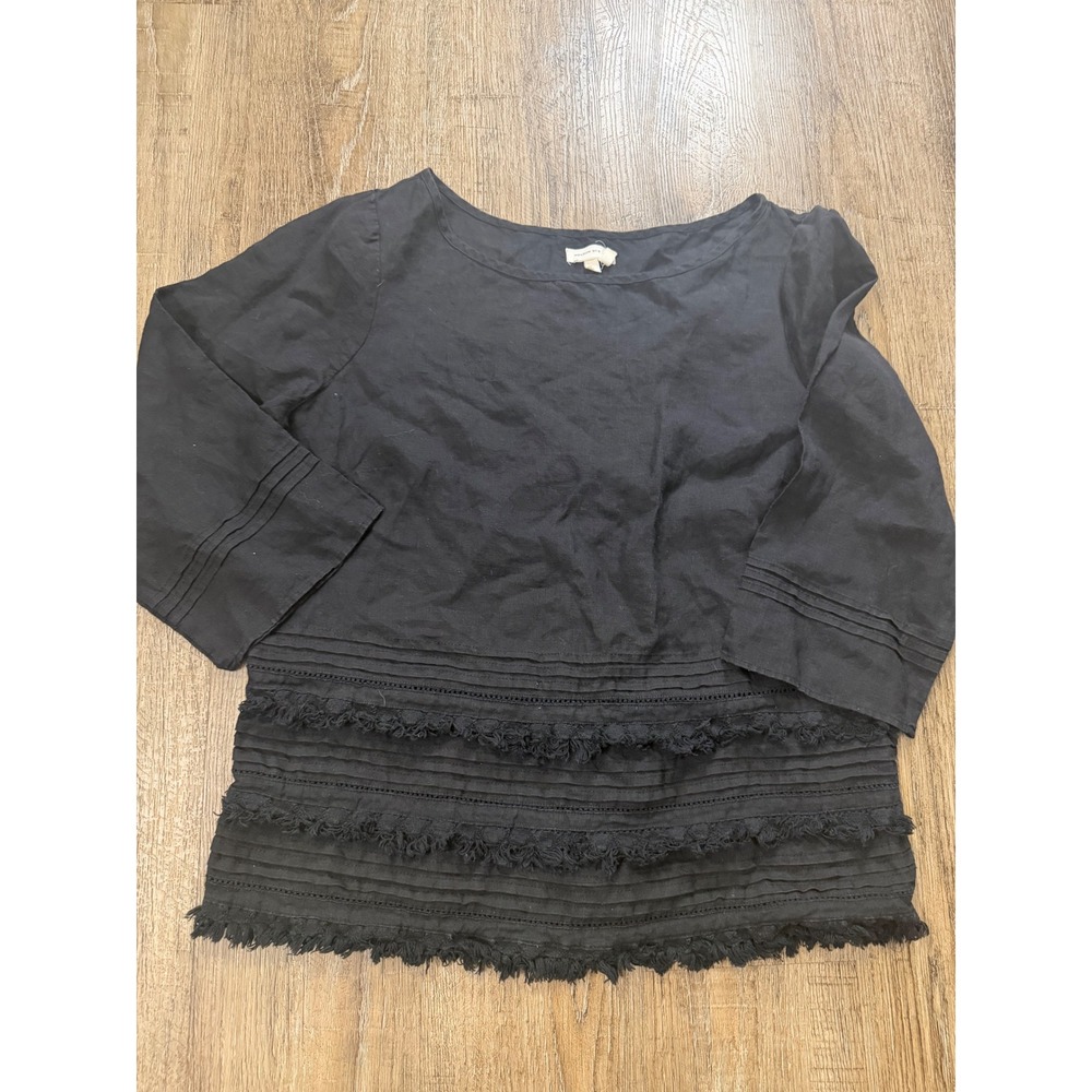 Meadow Rue Anthropologie Black 100% Linen Fringe Tiered Blouse Top Medium
